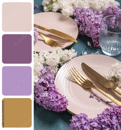 Фотография Beautiful table setting with golden cutlery and lilac flowers, closeup