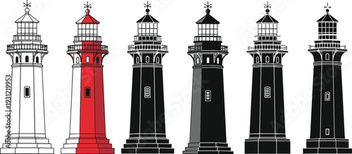 Lighthouse Silhouette Icon Set with Maritime Beacon Tower in Black Gray and Red Vector Styles