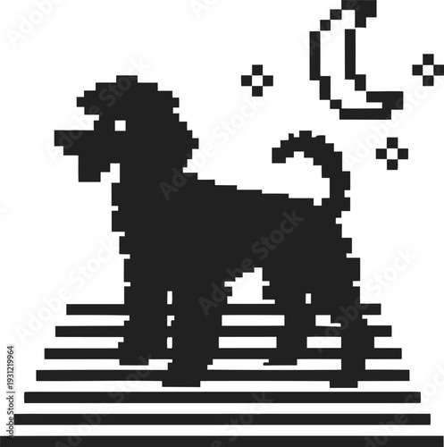 Pixel art dog silhouette standing on striped ground under crescent moon and stars at night