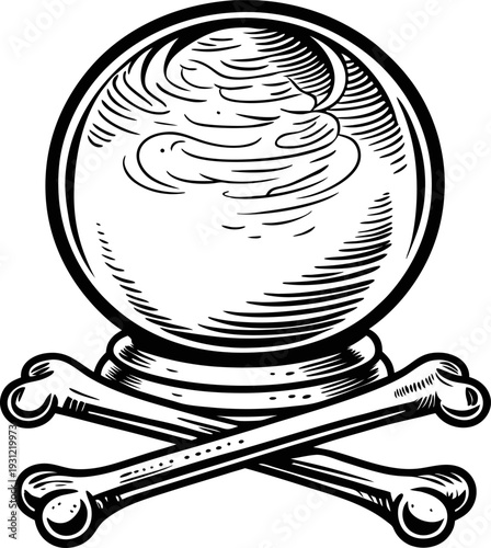 crystal ball with crossed bones beneath, vintage mystical occult symbol of fortune telling and magic