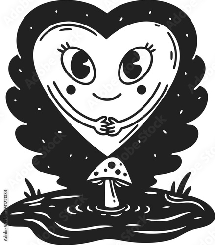 heart character with eyes and hands standing on a mushroom in a whimsical forest scene