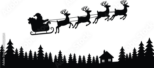Santa Claus sleigh silhouette flying over pine forest, Christmas reindeer, festive holiday winter scene, cozy house vector illustration