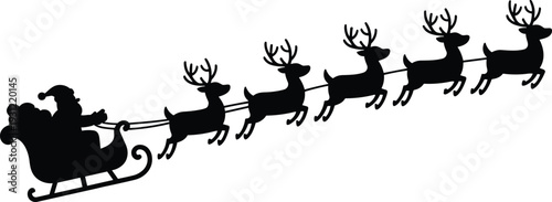 Santa Claus sleigh silhouette with reindeer, flying Christmas scene, festive holiday vector illustration, winter celebration, gift delivery icon