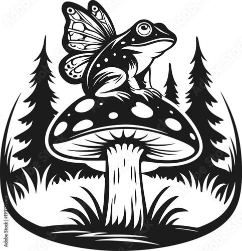 Frog with butterfly wings sitting on a spotted mushroom in a forest clearing surrounded by pine trees and grass