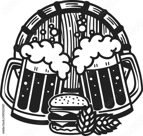 Clinking beer mugs with foam, wooden barrel background, cheeseburger and wheat stalks illustration for pub and brewery theme