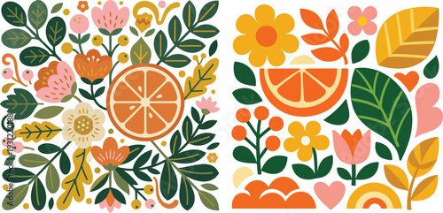Citrus Floral Seamless Pattern Flat Vector Illustration.