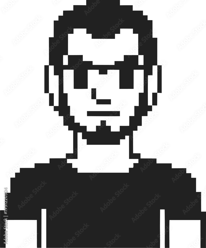 Obraz premium pixel art man with sunglasses and beard, digital retro avatar in black shirt