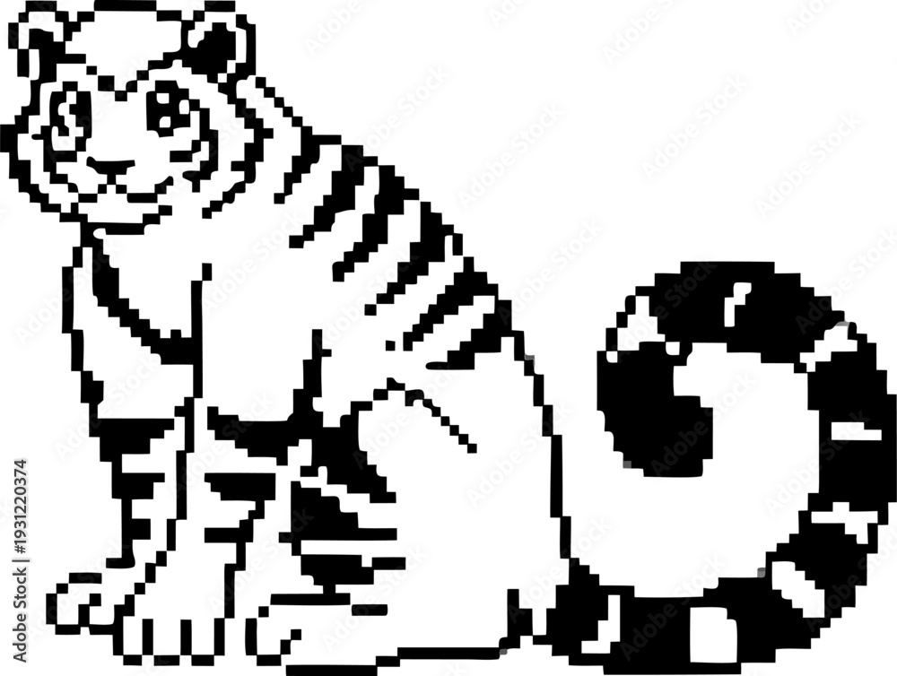 Fototapeta premium pixel art tiger sitting with curled tail, black and white digital illustration