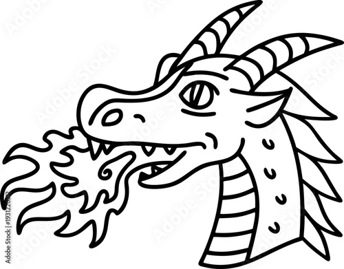 Dragon head breathing fire line art drawing with horns and spiked neck scales fantasy creature illustration