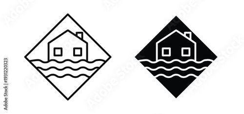 Flood disaster signs. black and white line icons pack.
