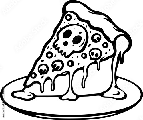 Halloween pizza slice with melting cheese and spooky skull toppings on plate