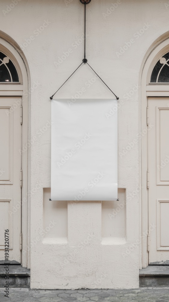 Fototapeta premium White poster mockup on a painted wall between two doors
