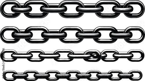 Metal Chain Link Icon Set with Heavy Industrial Steel Shackles in Black Engraved Vintage Style Collection