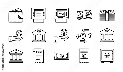 Finance and Banking Outline Icons Wallet ATM Cash Editable Stroke 48 Pixel Vector