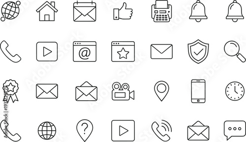 Comprehensive Set of Universal Interface and Communication Line Icons Featuring Web Navigation, Mobile Devices, Email Notifications, Security Shields, and Global Connectivity