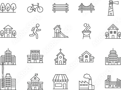Set of Urban City Architecture and Public Infrastructure Vector Icons Featuring Residential Houses, Office Buildings, Parks, Schools, Museums, and Industrial Factories