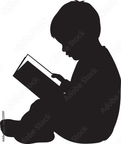 Vector illustration featuring a minimalist black silhouette of a young boy sitting attentively, deeply engrossed in reading a book, representing academic pursuits and childhood development. , Generati