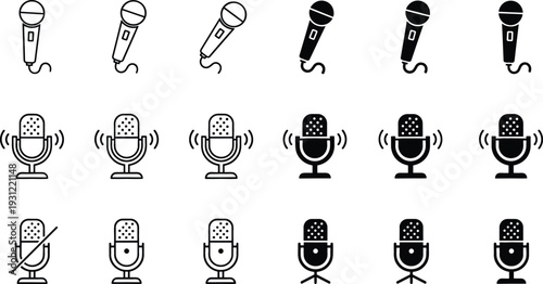 Microphone Icon Set with Handheld Studio and Podcast Mics in Line and Solid Style Audio Recording Symbols Collection