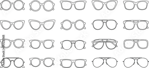 Black and white eyeglass frame icon set featuring twenty unique designs including round, square, cat‑eye, and aviator styles for fashion, optical, and retail projects