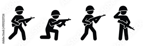 Vector stickman soldiers set with black human silhouettes isolated on transparent background. Minimal military figures collection in flat graphic style.