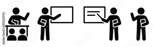Vector stickman teachers set in different poses isolated on transparent background. Black human silhouettes showing teaching, explaining and classroom activities.