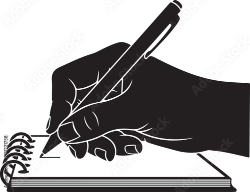 Black Silhouette of a Hand Writing with a Pen on a Spiral Notebook, Symbolizing Education, Learning, Note-Taking, and Creative Thought , Generative Ai