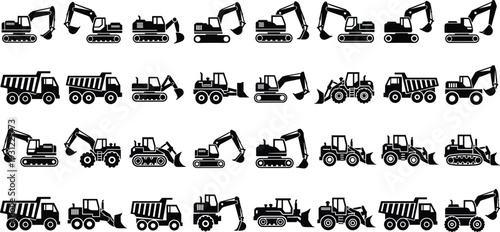 Black heavy machinery and construction vehicle silhouette vector set featuring excavators dump trucks bulldozers and loaders isolated on white background for industrial building site design