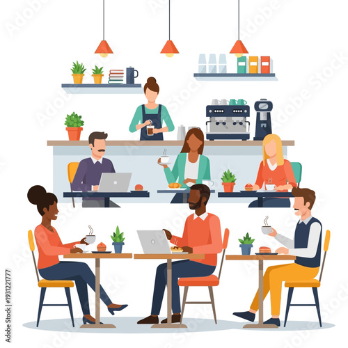 People enjoying coffee and working in a modern cafe, diverse customers and barista