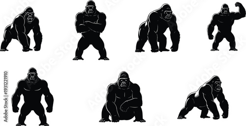 Gorilla silhouettes set with different poses, powerful ape wildlife collection, primate animal icons isolated for zoo, nature, safari and wildlife design