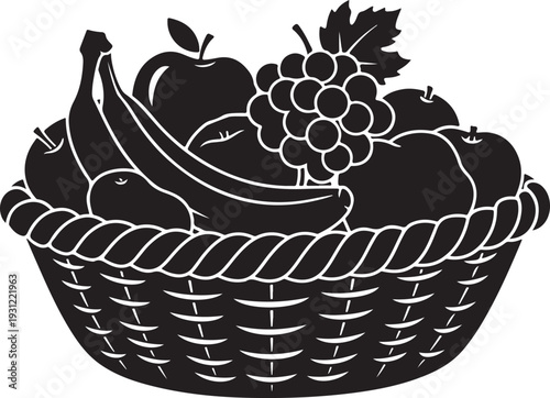 Classic silhouette illustration of a generous fruit basket overflowing with a variety of fresh produce including bananas, apples, and grapes, symbolizing healthy eating and abundance. , Generative Ai