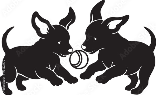 Charming silhouette of two cute puppies engaging playfully with a ball, highlighting their adorable interaction, curiosity, and companionship in a clean, graphic illustration. , Generative Ai