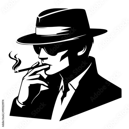 man smoking cigar,  vector illustration of a Man with hat and smoke , silhouette of a Man with hat and smoke 
