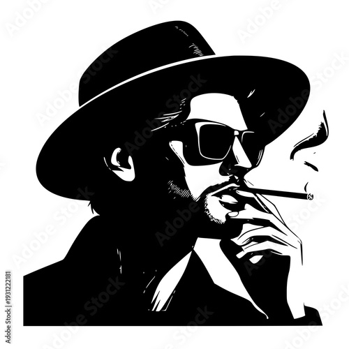 man with hat and smoke , vector illustration of a Man with hat and smoke, silhouette of a man with hat and smoke 