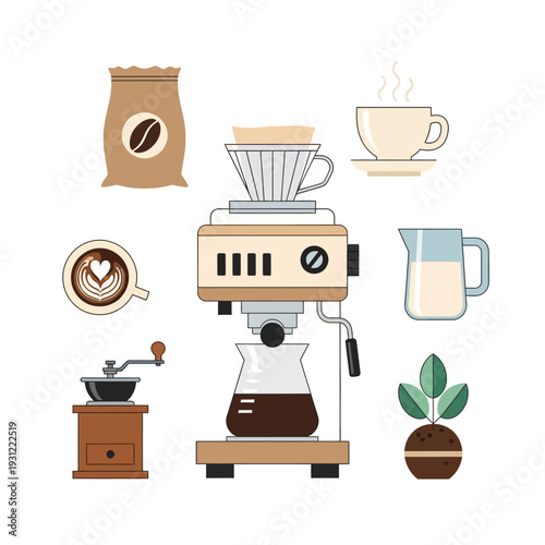 Espresso Machine, Coffee Grinder, Cup & Beans - Coffee Making Flat Illustration