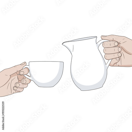 Hand pouring milk from pitcher into coffee cup, isolated on white background