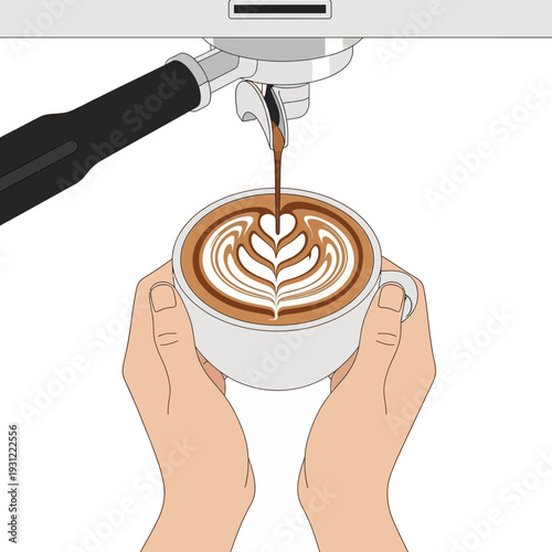 Hands holding a white cup with latte art poured from espresso machine