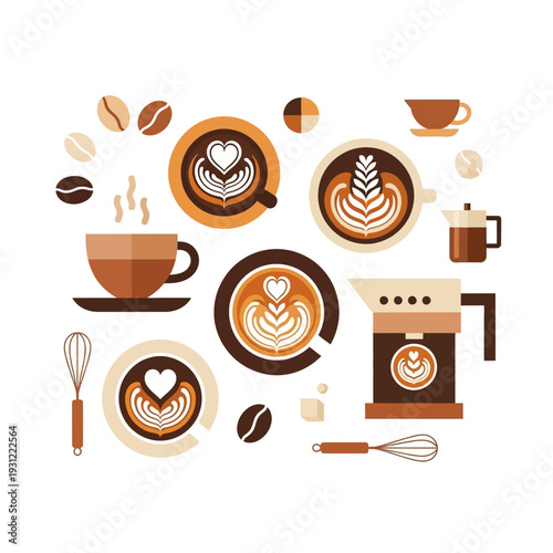 Flat Design Coffee & Latte Art Collection: Cups, Beans, Machine, Whiskers