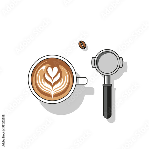 Latte Art Coffee Cup and Portafilter - Flat Illustration