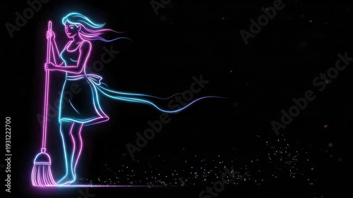 Neon woman with broom cleaning, magical sparkling dust effect, dark background