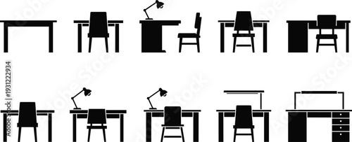 Black office furniture icons and workspace silhouette vector set featuring desks chairs desk lamps and workstations isolated on white background for interior corporate workplace design