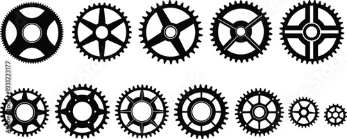Black gear icon set featuring twelve unique mechanical designs with varied teeth, spokes, and hubs for engineering, industrial graphics, manufacturing, and technical illustration projects