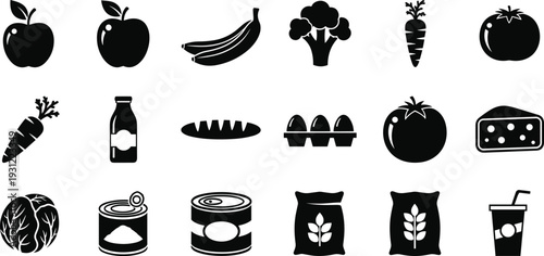 Black grocery icons and fresh food silhouette vector set featuring apple banana broccoli carrot tomato bread eggs milk and cheese isolated on white background for market design