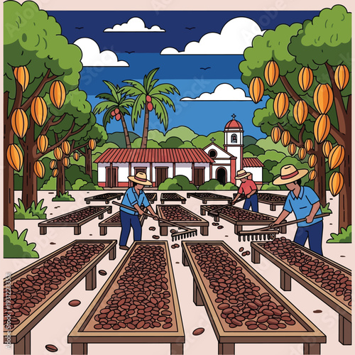 Farmers drying cocoa beans on wooden tables at traditional plantation in vector style
