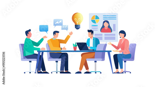 Team of business people having a brainstorming workshop or a meeting in an office, discussing a new project plan or a creative strategy, flat design vector ... See More