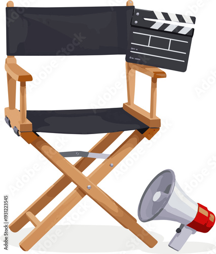 Isolated a realistic DIrector chair, clapper board and megaphone vector art with white background.