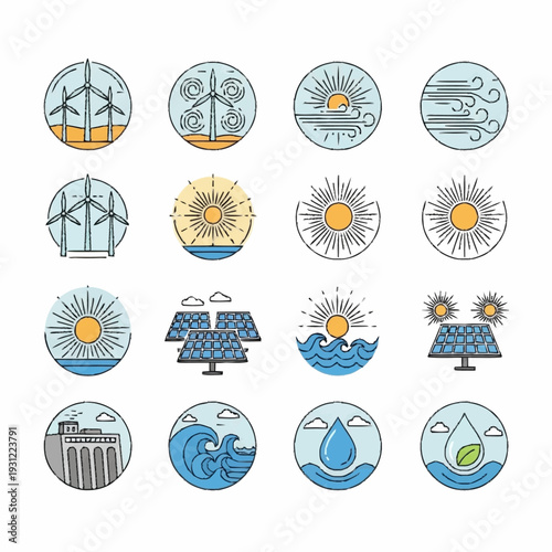 Renewable Energy Icons Set with Solar Panels.