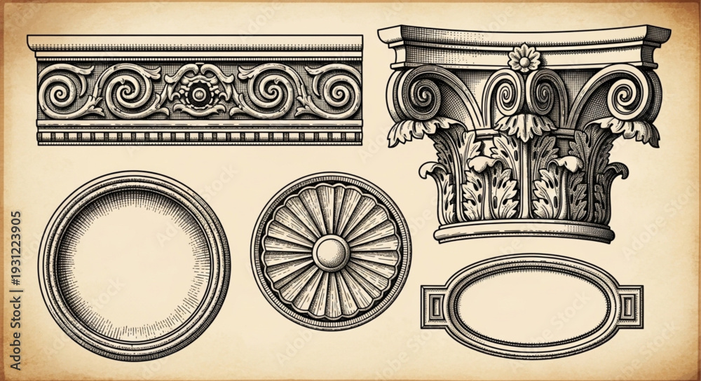 Fototapeta premium Antique architectural elements in vintage sketch style.