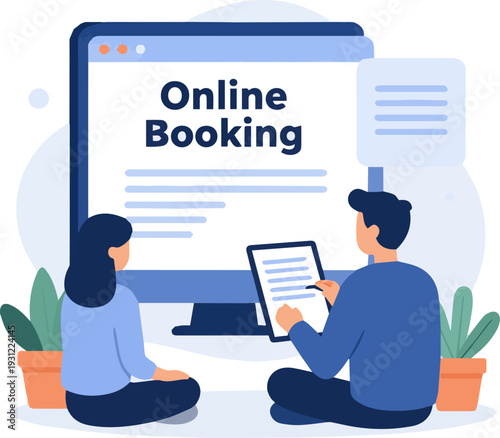  Isolated a realistic Online Booking concept vector art with white background.