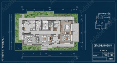 Architectural blueprint of a modern house floor plan with landscaping details.