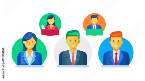 Business meeting avatar icon set. Vibrant flat style characters. Corporate teamwork office communication. Presentation brainstorming deal closing virtual conference. Strategy session.
